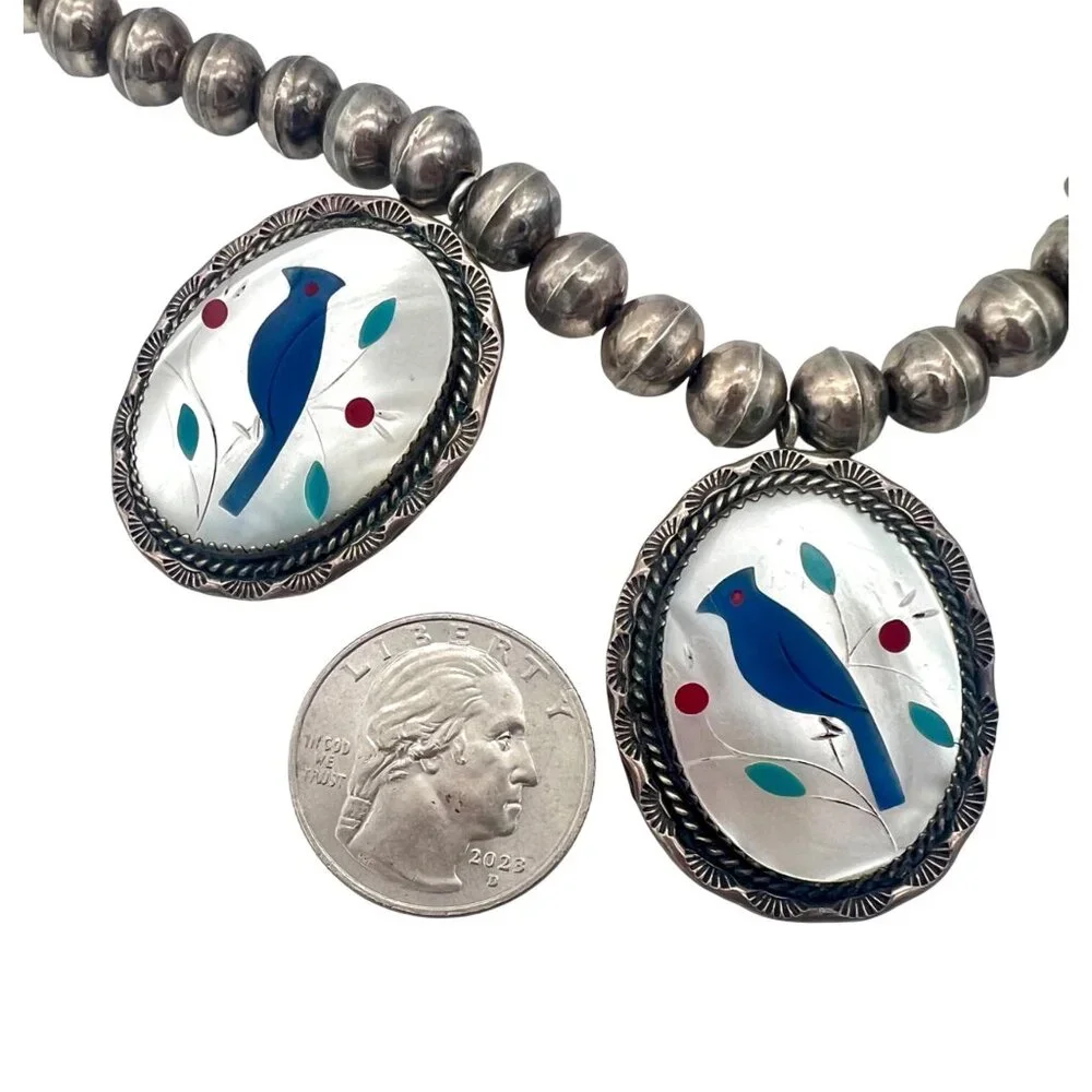 Vintage/Antique Native American Zuni Necklace Blue Bird Sterling Silver Bead - Picture 5 of 10